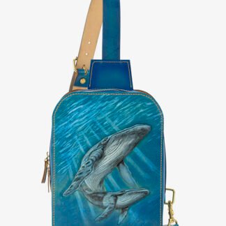 Hand Made Cross Body Cling Bag with Blue Ocean Whales Carved on Premium Leather