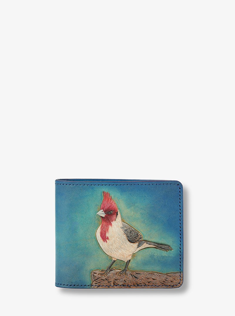 Hand Made Wallet With Red Crested Cardinal Bird Hand Carved