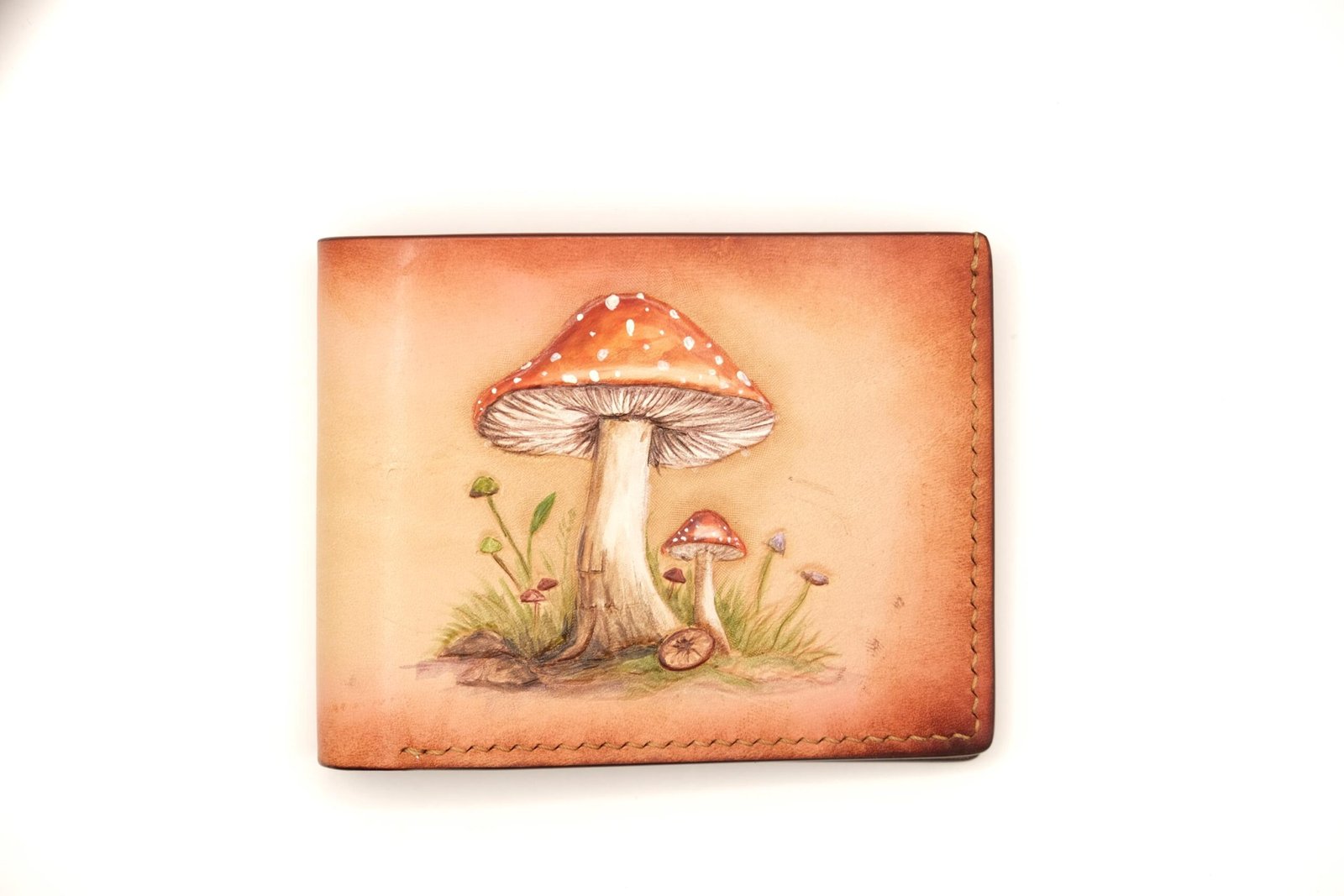 Mushroom Hand-carved & painted leather wallet. Crafted from premium leather for a timeless