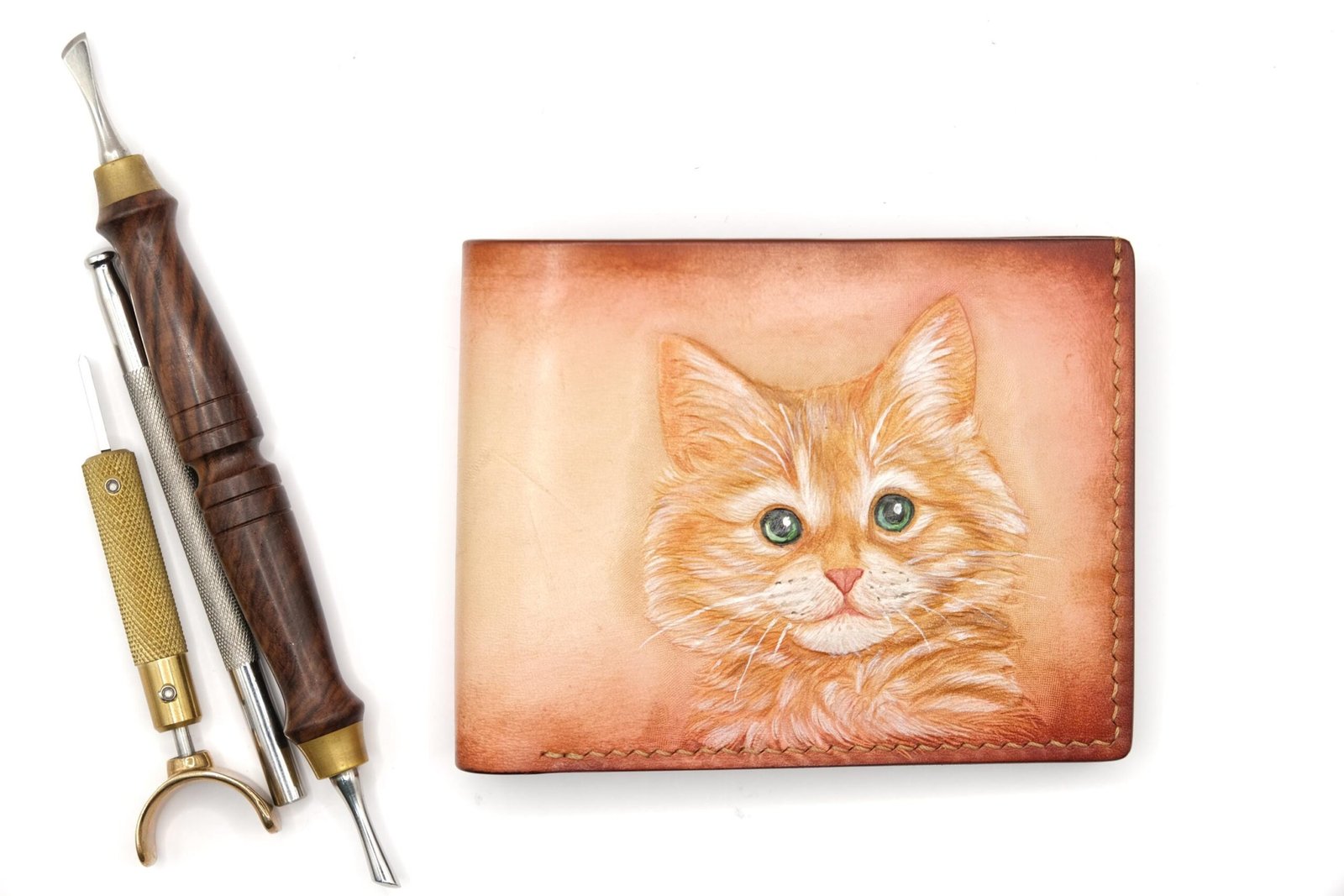 Yellow Cat Hand-Carved Leather Wallet – Handmade Feline Gift, Cat Lover Gift, Unique Hand-Painted Wallet - Image 2