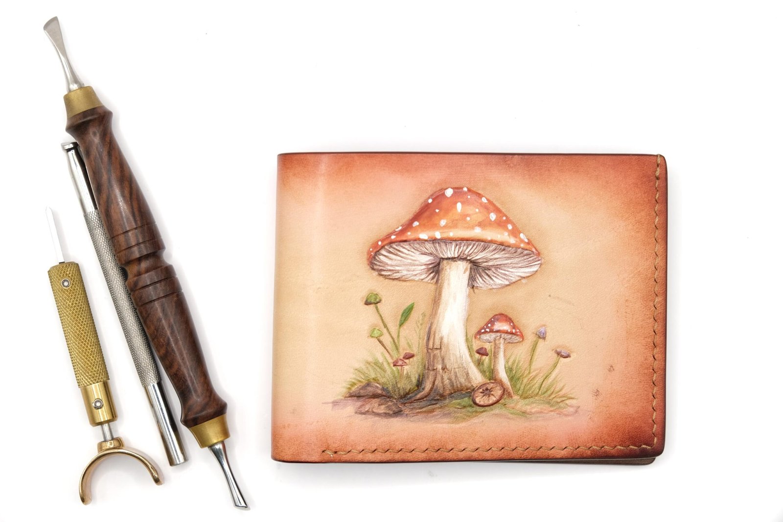 Mushroom Hand-carved & painted leather wallet. Crafted from premium leather for a timeless - Image 3