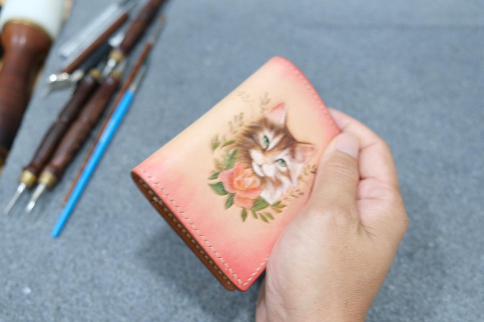 Hand-Carved Leather Wallet – Floral Cat Design, Kitten Lover Gift, Handmade Pet-Themed Wallet, Unique Cat Lover Accessory - Image 4