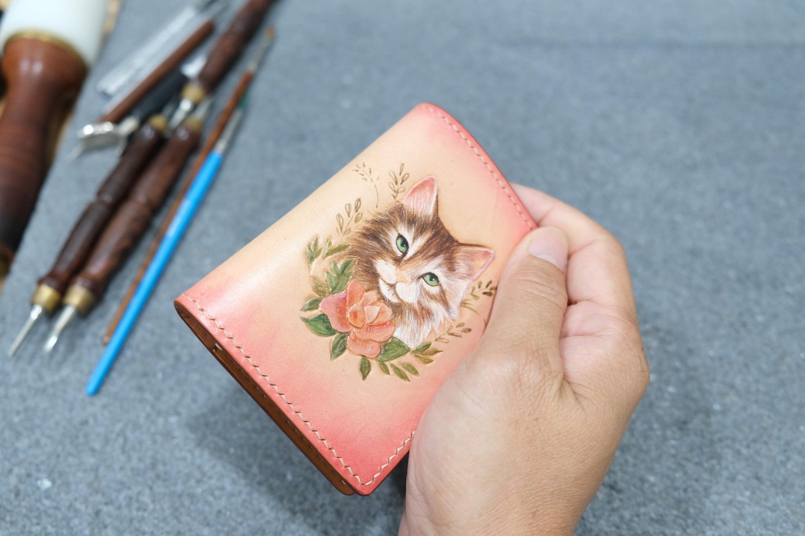 Hand-Carved Leather Wallet – Floral Cat Design, Kitten Lover Gift, Handmade Pet-Themed Wallet, Unique Cat Lover Accessory - Image 5