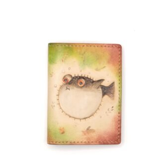 Alohaleather Hand Carved Leather Wallet - Playful Pufferfish Mini Card Wallet