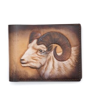 Alohaleather Goat Hand-Carved Leather Wallet – Handmade Wallet, Mountain Goat Art, Nature Lover Gift, Rustic Leather Accessory, Unique Gift