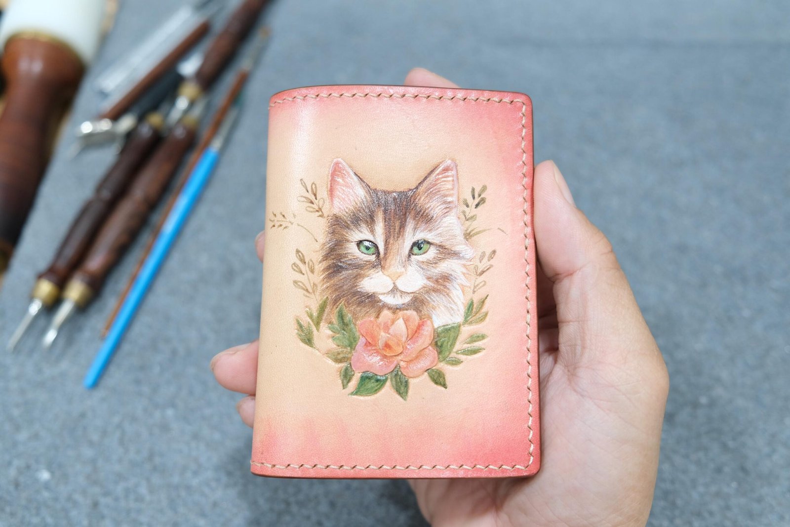 Hand-Carved Leather Wallet – Floral Cat Design, Kitten Lover Gift, Handmade Pet-Themed Wallet, Unique Cat Lover Accessory - Image 3