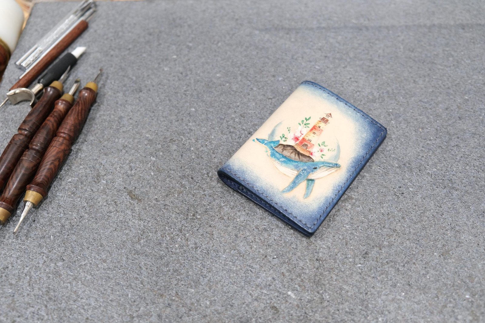 Alohaleather Hand-Carved Leather Wallet – Lighthouse Whale Mini Card Wallet - Image 3