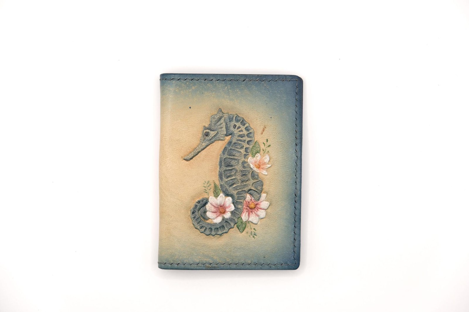 Alohaleather Hand-Carved Leather Wallet – Floral Seahorse Mini Card Wallet