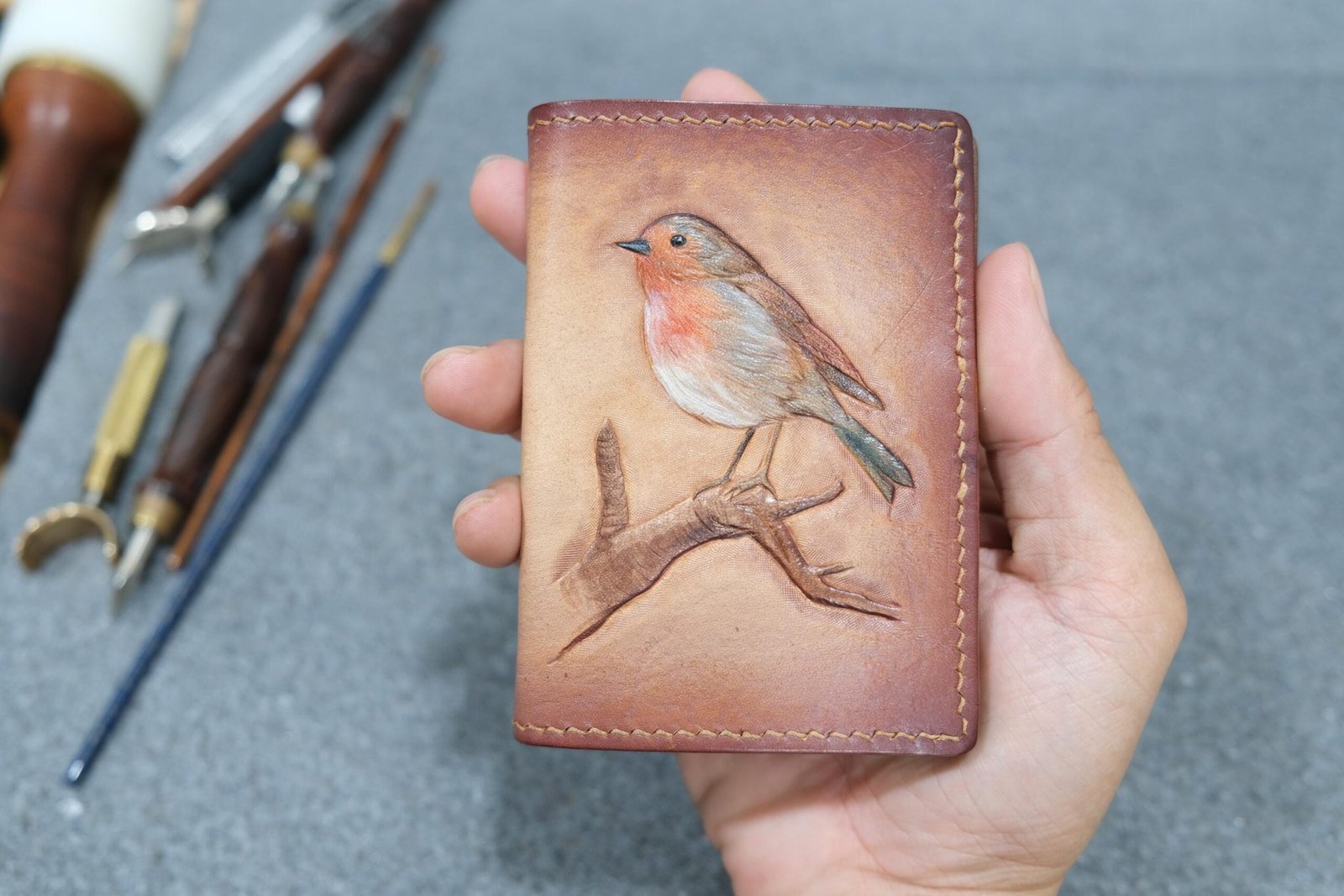 Robin on Branch Hand-carved Mini Card Wallet - Image 3