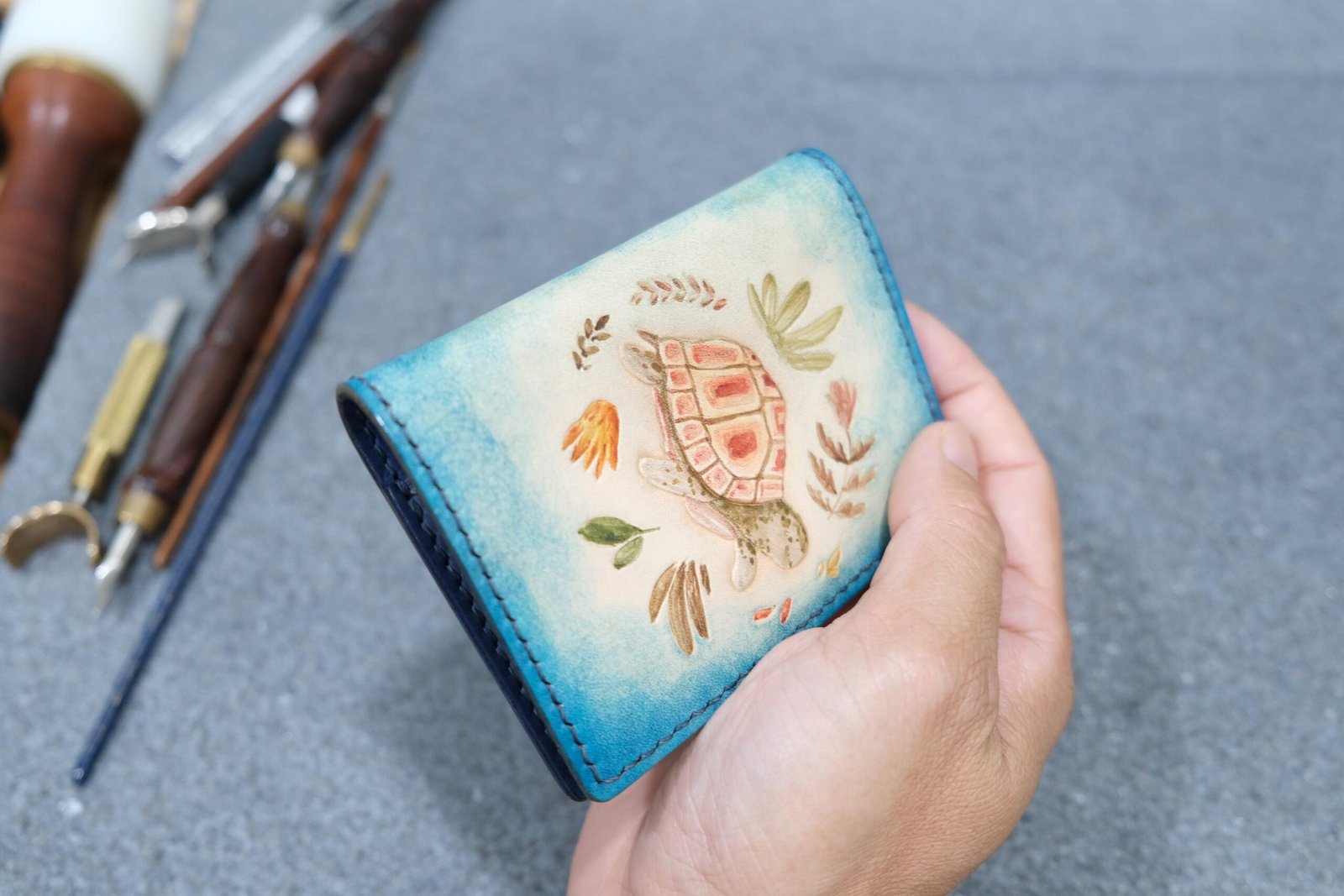 Alohaleather Hand-Carved Leather Wallet – Turtle Garden Mini Card Wallet - Image 4