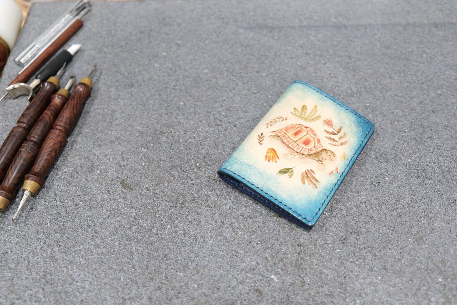 Alohaleather Hand-Carved Leather Wallet – Turtle Garden Mini Card Wallet - Image 2