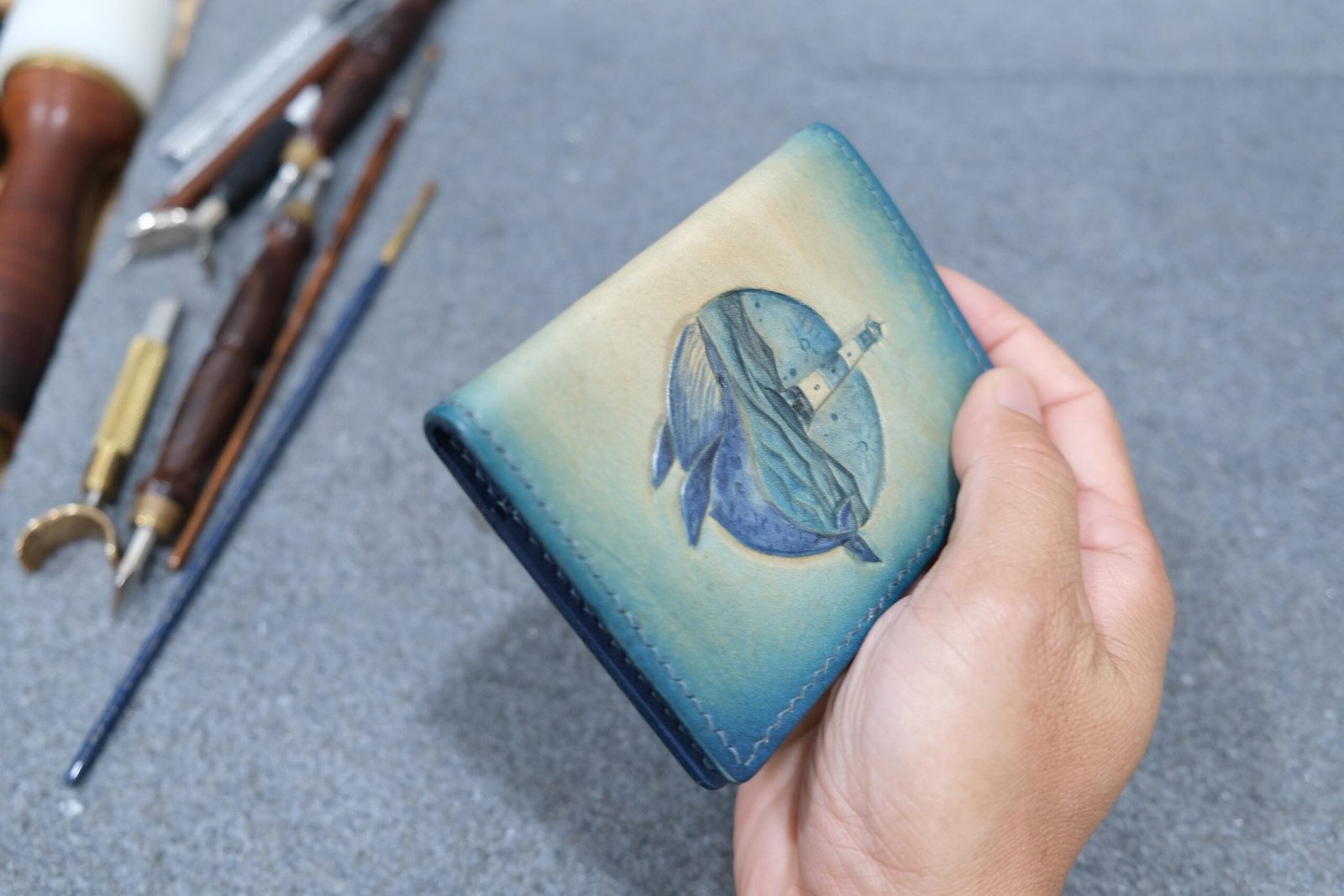 Alohaleather Hand-Carved Leather Wallet – Whale Lighthouse Mini Card Wallet - Image 5