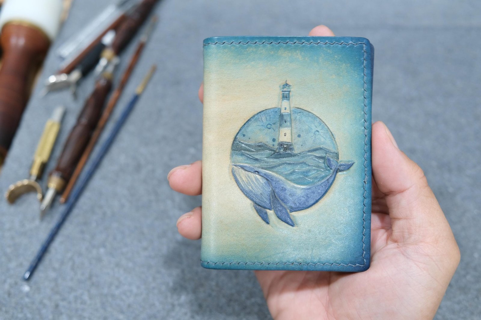 Alohaleather Hand-Carved Leather Wallet – Whale Lighthouse Mini Card Wallet - Image 4