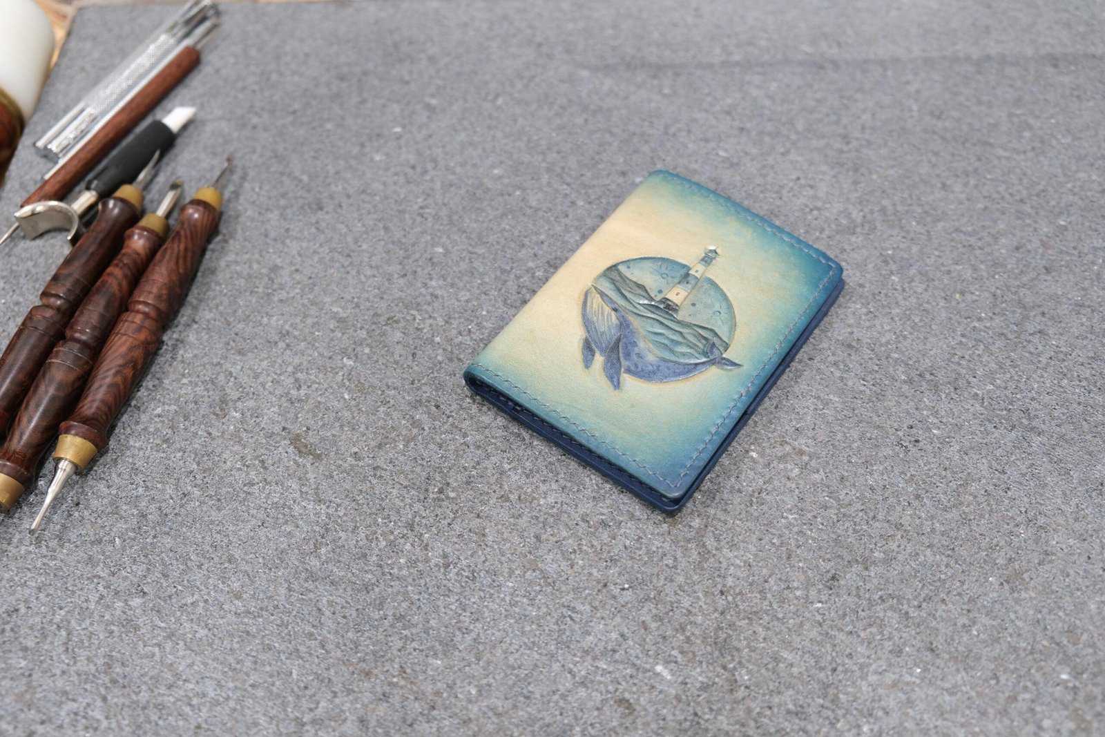 Alohaleather Hand-Carved Leather Wallet – Whale Lighthouse Mini Card Wallet - Image 3