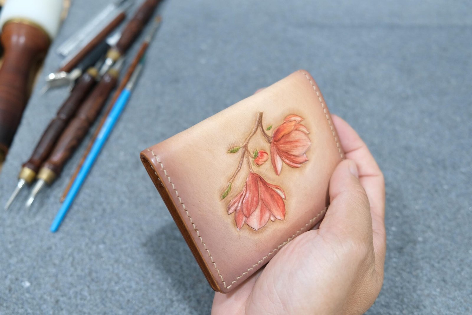 Alohaleather Hand-Carved Leather Wallet – Magnolia Blossom Mini Card Wallet - Image 7