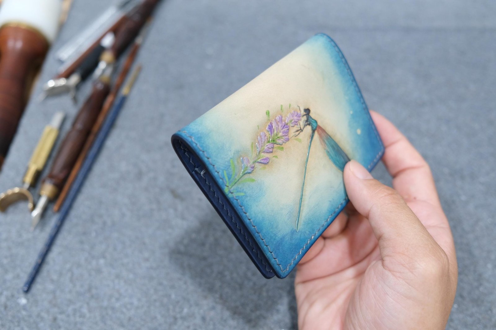 Alohaleather Hand-Carved Leather Wallet – Dragonfly Lavender Mini Card Wallet - Image 5