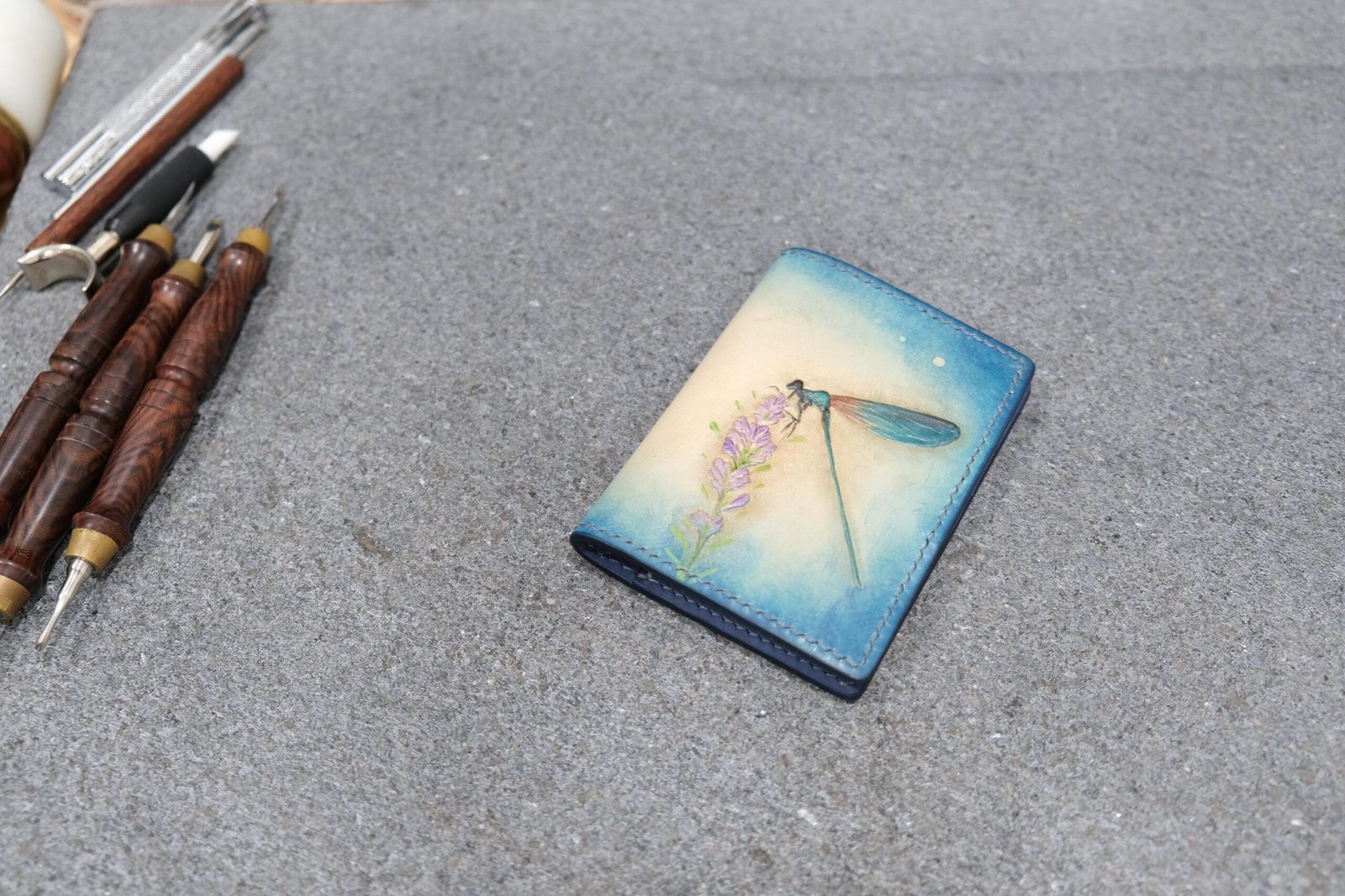 Alohaleather Hand-Carved Leather Wallet – Dragonfly Lavender Mini Card Wallet - Image 3