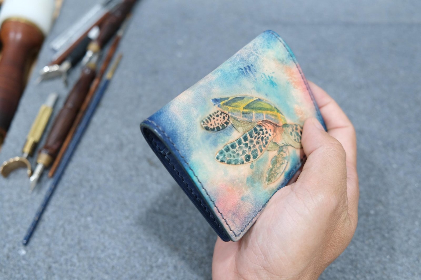 Alohaleather Hand-Carved Leather Wallet – Sea Turtle Drift Mini Card Wallet - Image 7
