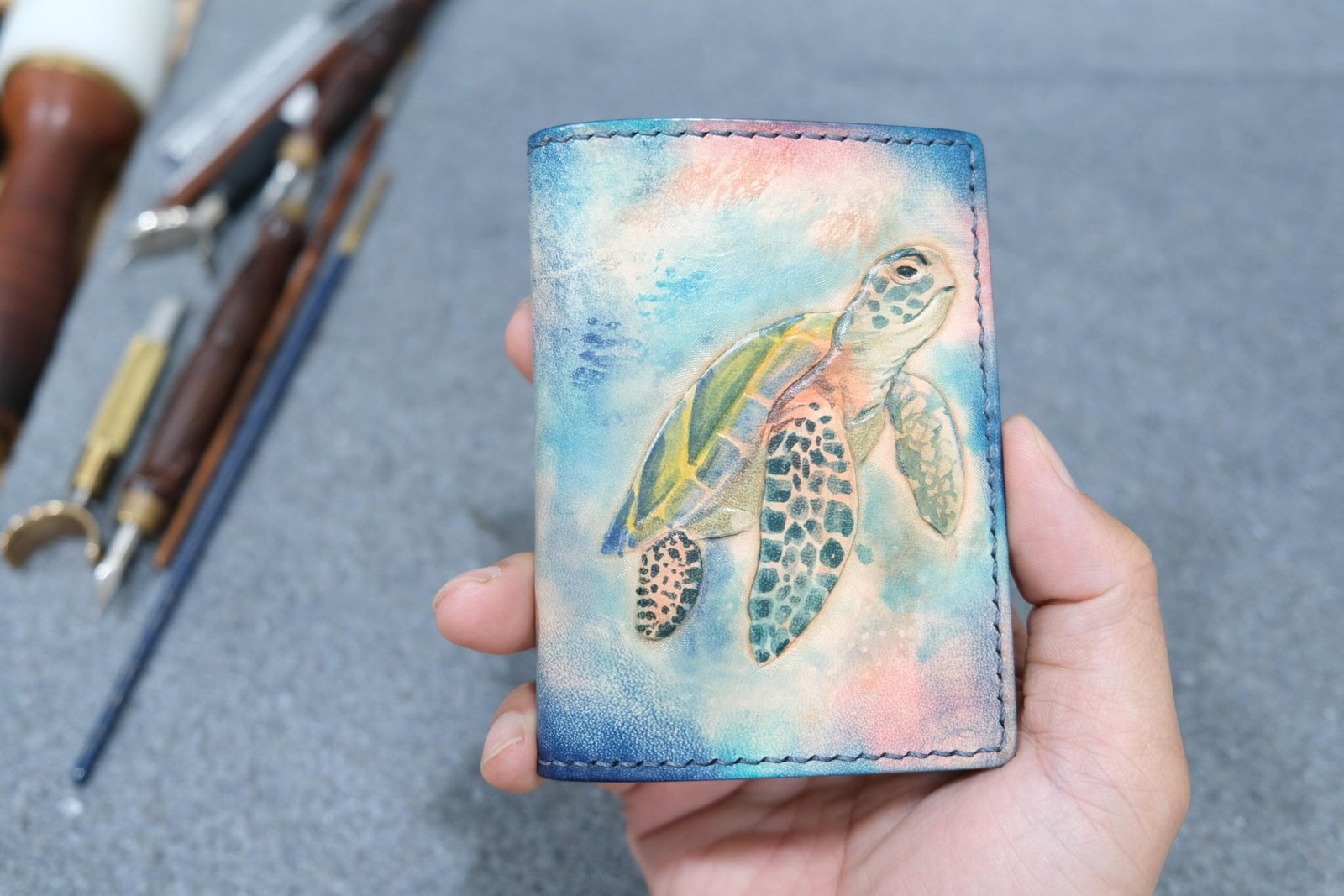 Alohaleather Hand-Carved Leather Wallet – Sea Turtle Drift Mini Card Wallet - Image 6