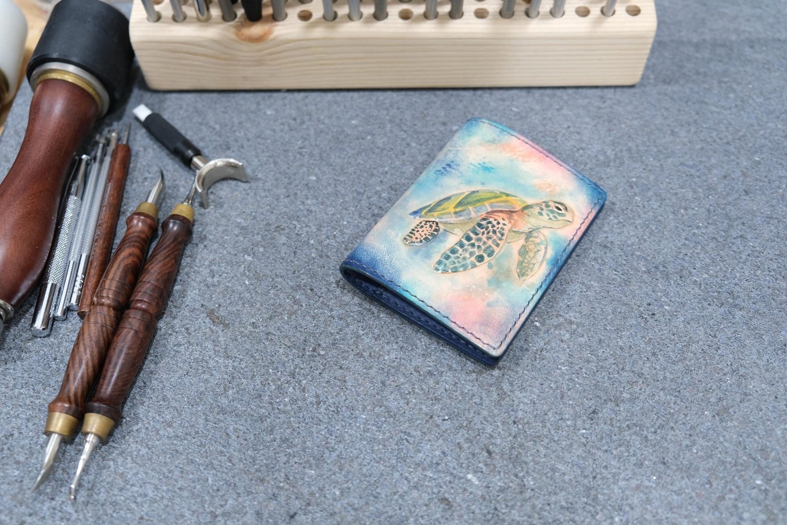 Alohaleather Hand-Carved Leather Wallet – Sea Turtle Drift Mini Card Wallet - Image 5