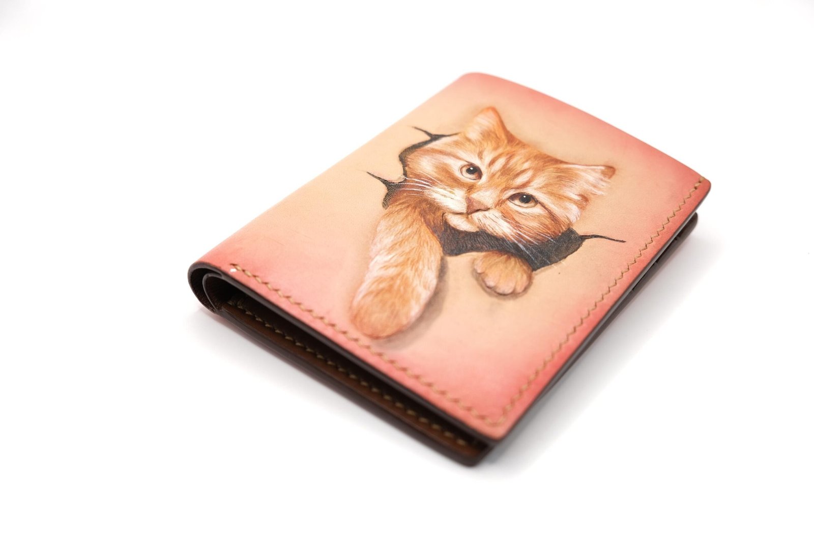 Hand-Carved, Hand Painted, Handmade Leather Wallet – Orange Cat Peeking Mini Card Wallet - Image 6
