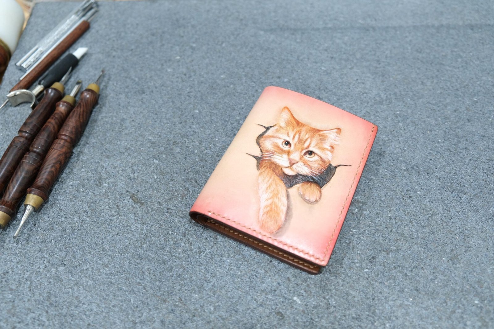 Hand-Carved, Hand Painted, Handmade Leather Wallet – Orange Cat Peeking Mini Card Wallet - Image 2