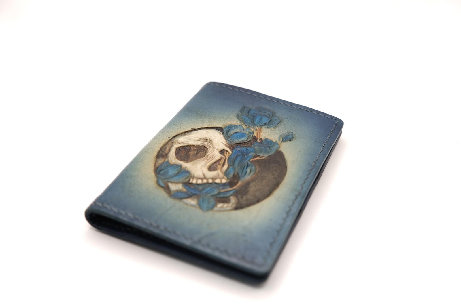Mini Leather Wallet with Hand-Carved Skull and Blue Flowers – Gothic Style, Dark Floral Art Gift, Unique Gift - Image 3