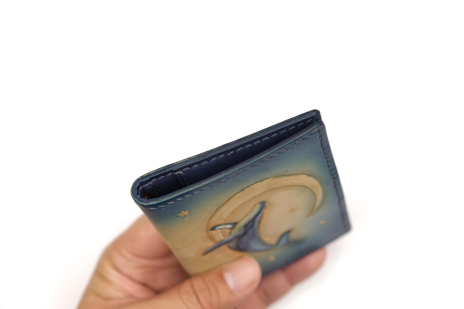 Mini Leather Wallet with Hand-Carved Whale and Moon – Handmade Unique Gift - Image 2