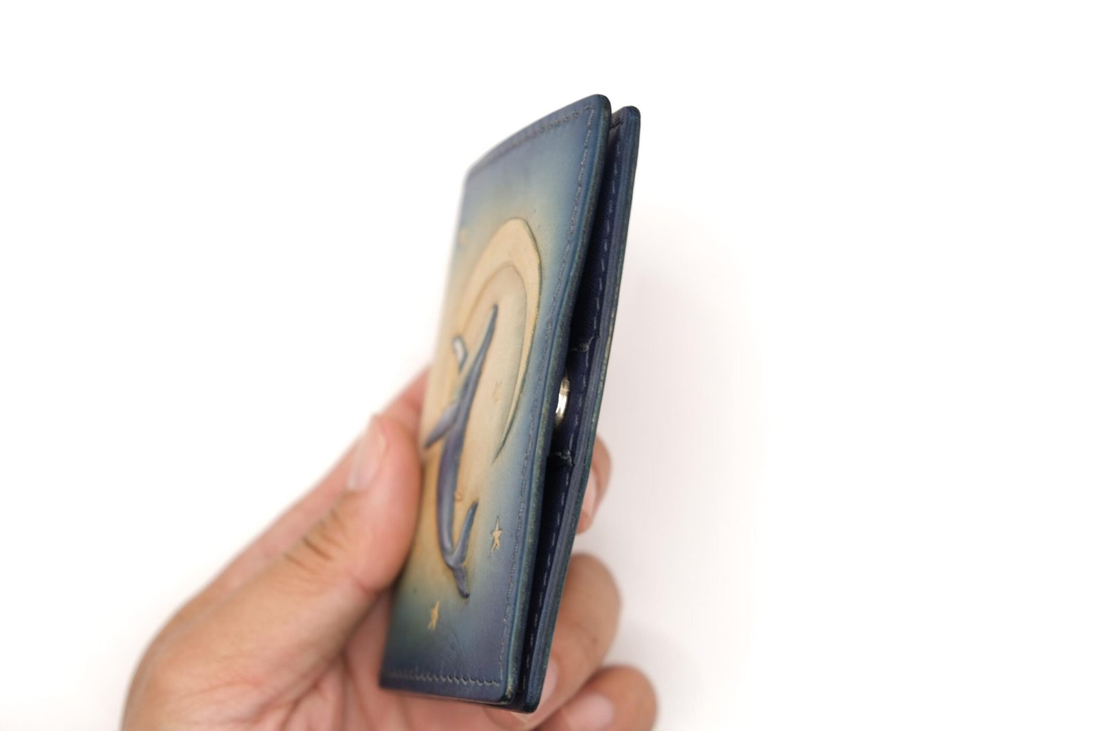 Mini Leather Wallet with Hand-Carved Whale and Moon – Handmade Unique Gift - Image 6