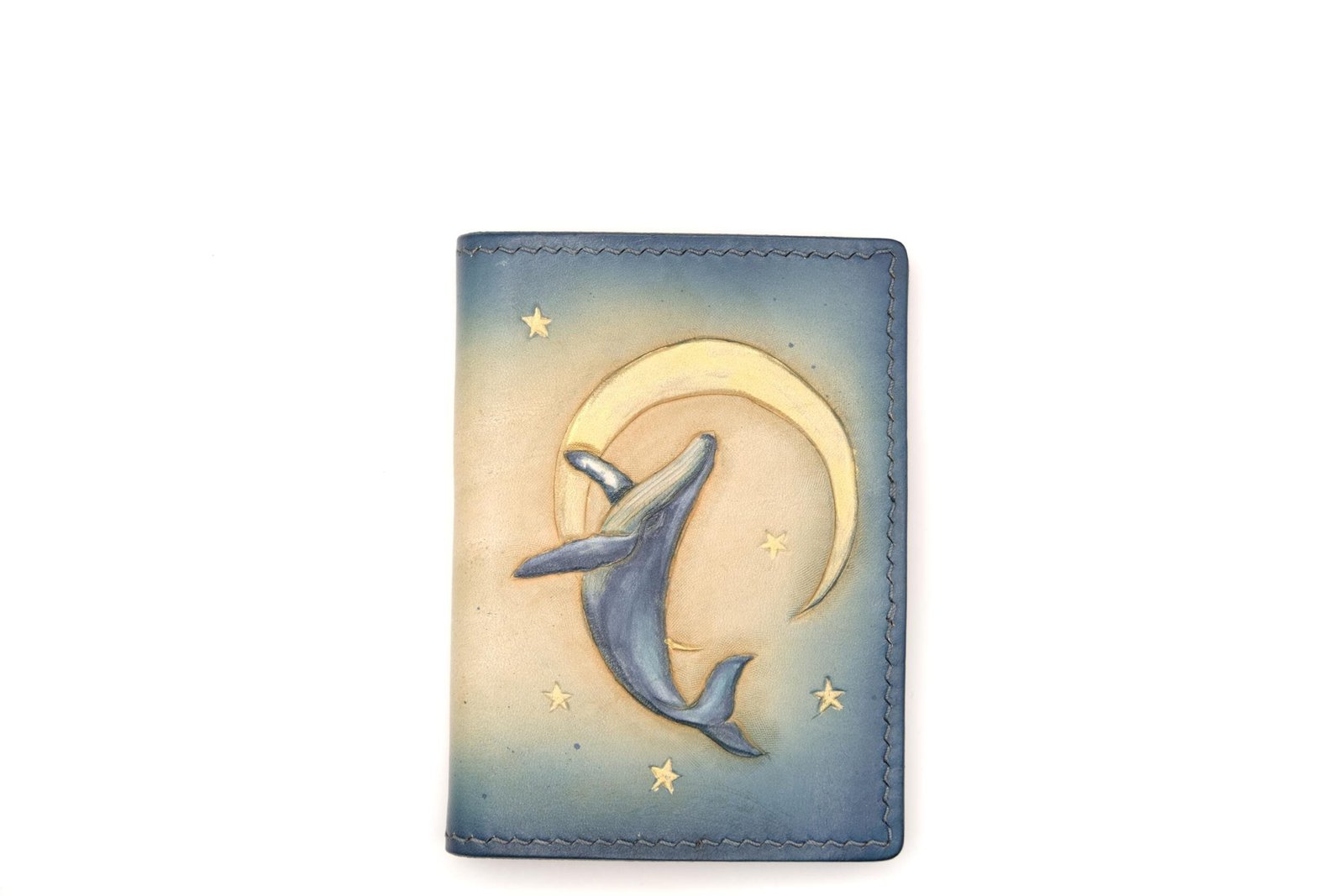 Mini Leather Wallet with Hand-Carved Whale and Moon – Handmade Unique Gift