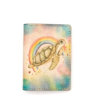 Mini Leather Wallet with Hand-Carved Sea Turtle and Rainbow – Handmade Unique Gift