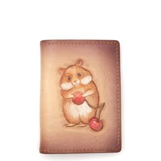 Mini Leather Wallet with Hand-Carved Hamster and Cherry – Handmade Adorable Gift