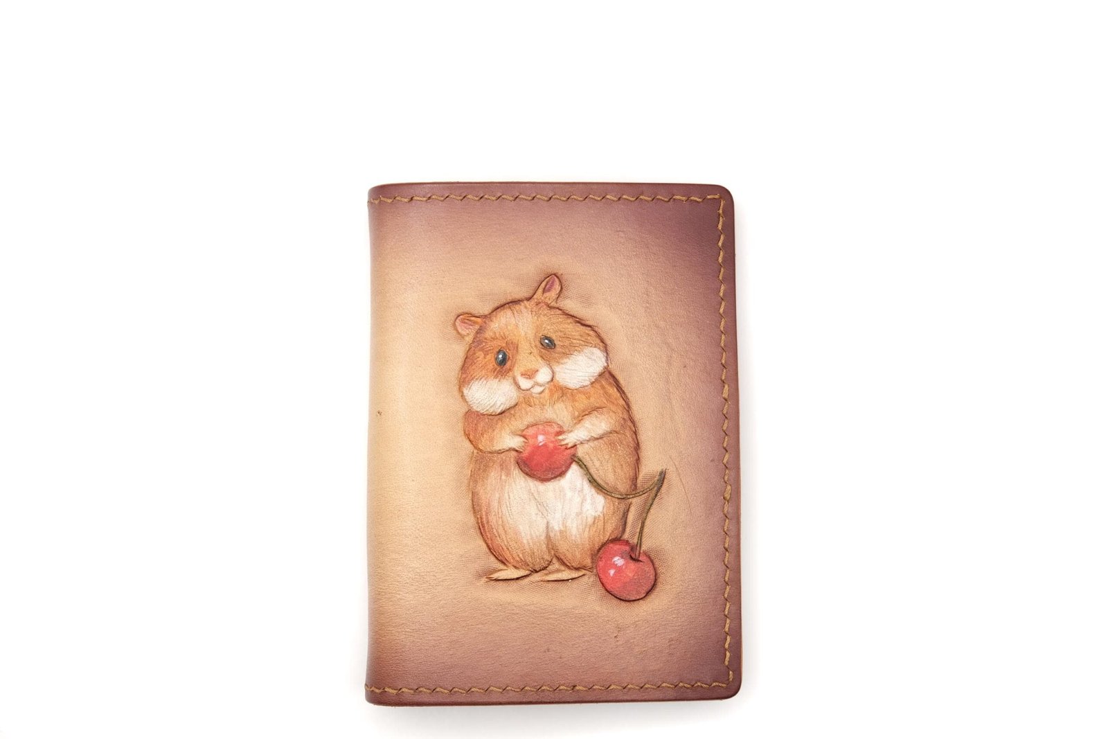 Mini Leather Wallet with Hand-Carved Hamster and Cherry – Handmade Adorable Gift