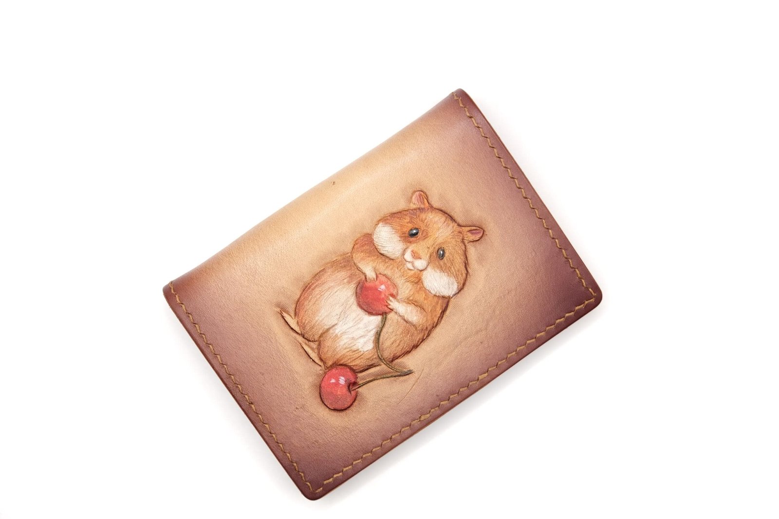Mini Leather Wallet with Hand-Carved Hamster and Cherry – Handmade Adorable Gift - Image 4