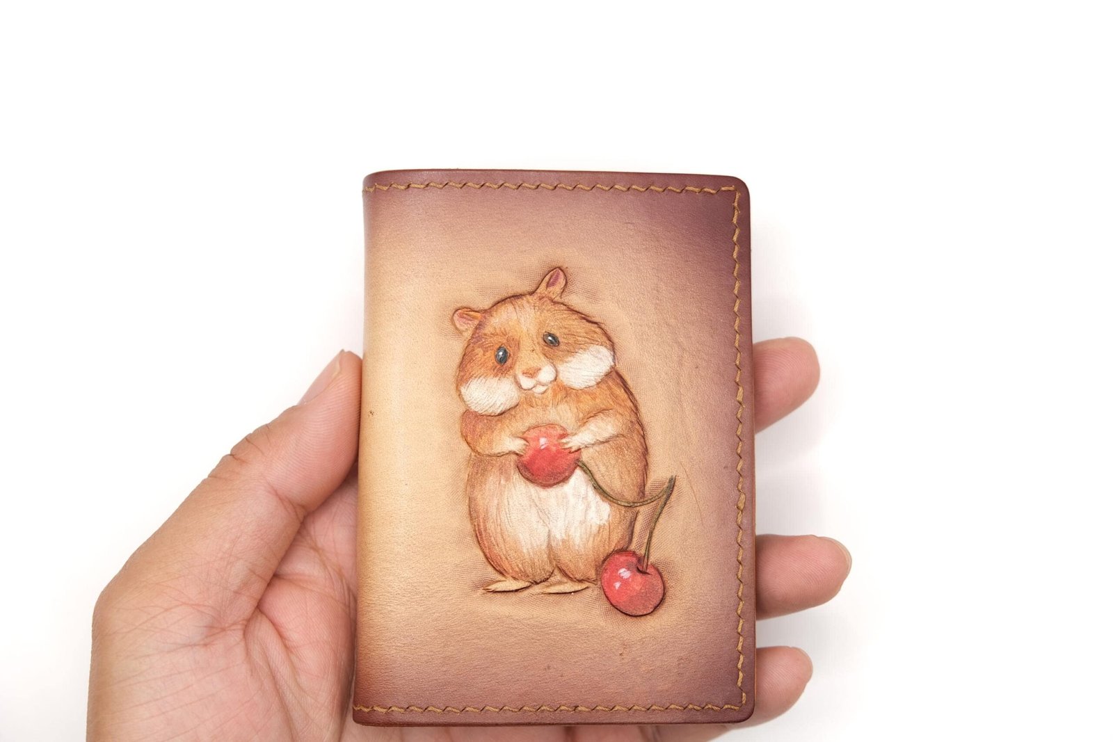 Mini Leather Wallet with Hand-Carved Hamster and Cherry – Handmade Adorable Gift - Image 6