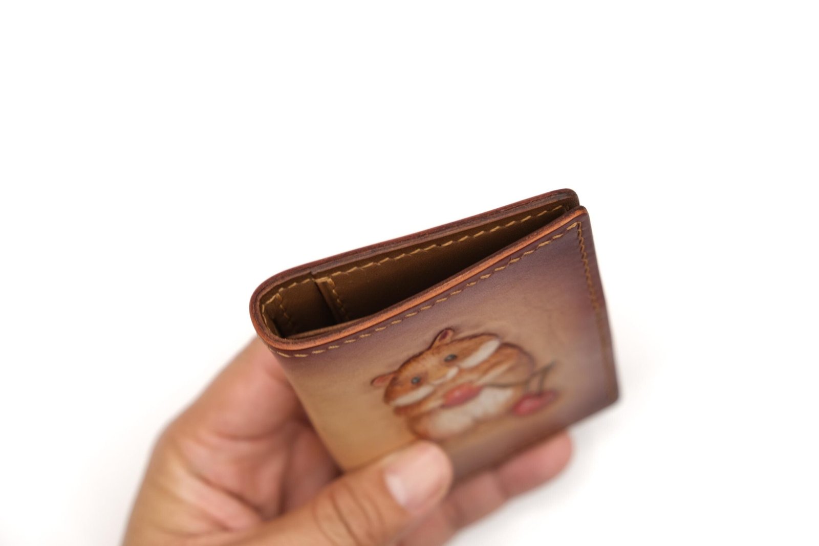 Mini Leather Wallet with Hand-Carved Hamster and Cherry – Handmade Adorable Gift - Image 9