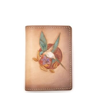 Mini Leather Wallet with Hand-Carved Swallow and Floral Circle – Handmade Nature Lover Gift