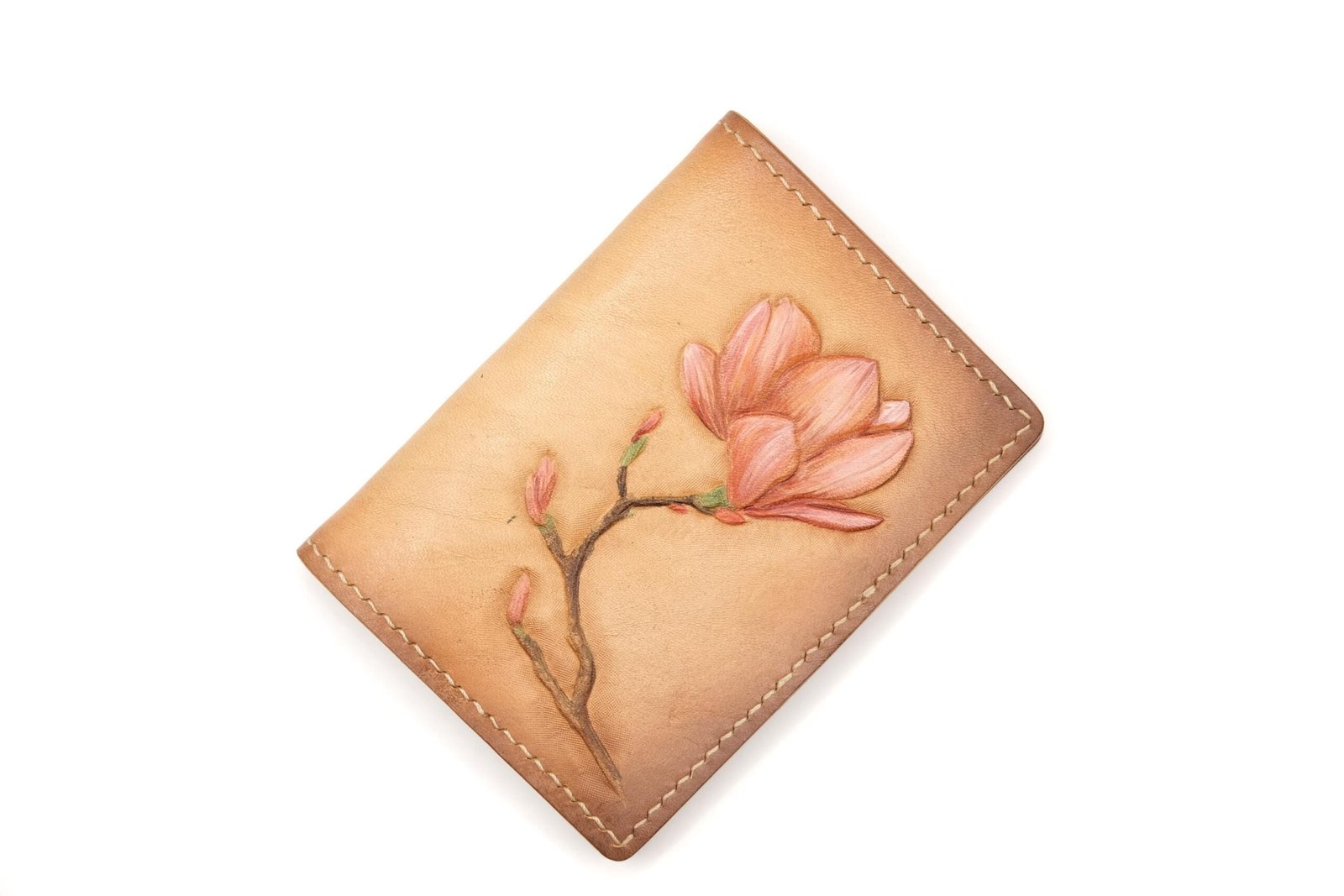 Mini Leather Wallet with Hand-Carved Magnolia – Pink Flower Wallet, Botanical Gift, Handmade Leather Slim Wallet - Image 3