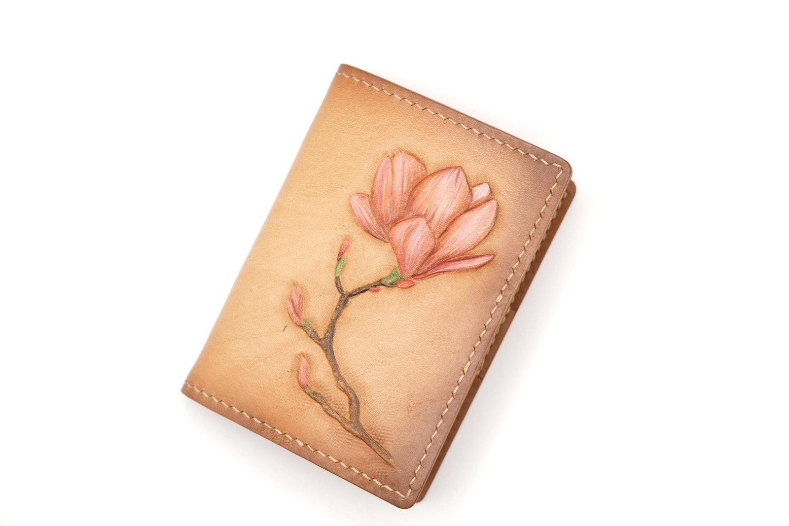 Mini Leather Wallet with Hand-Carved Magnolia – Pink Flower Wallet, Botanical Gift, Handmade Leather Slim Wallet - Image 5