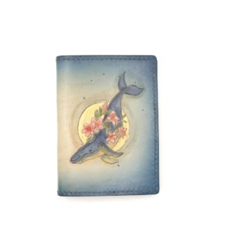 Mini Leather Wallet with Hand-Carved Whale and Roses – Floral Ocean Wallet, Whale Lover Gift