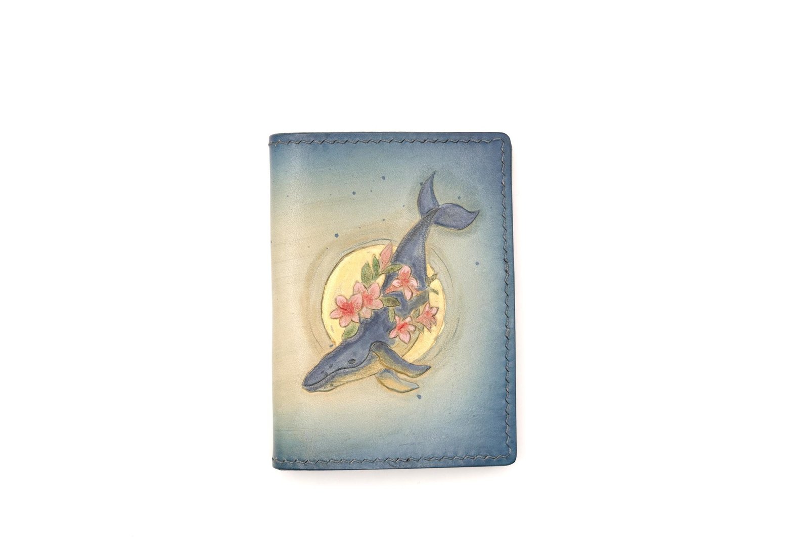 Mini Leather Wallet with Hand-Carved Whale and Roses – Floral Ocean Wallet, Whale Lover Gift