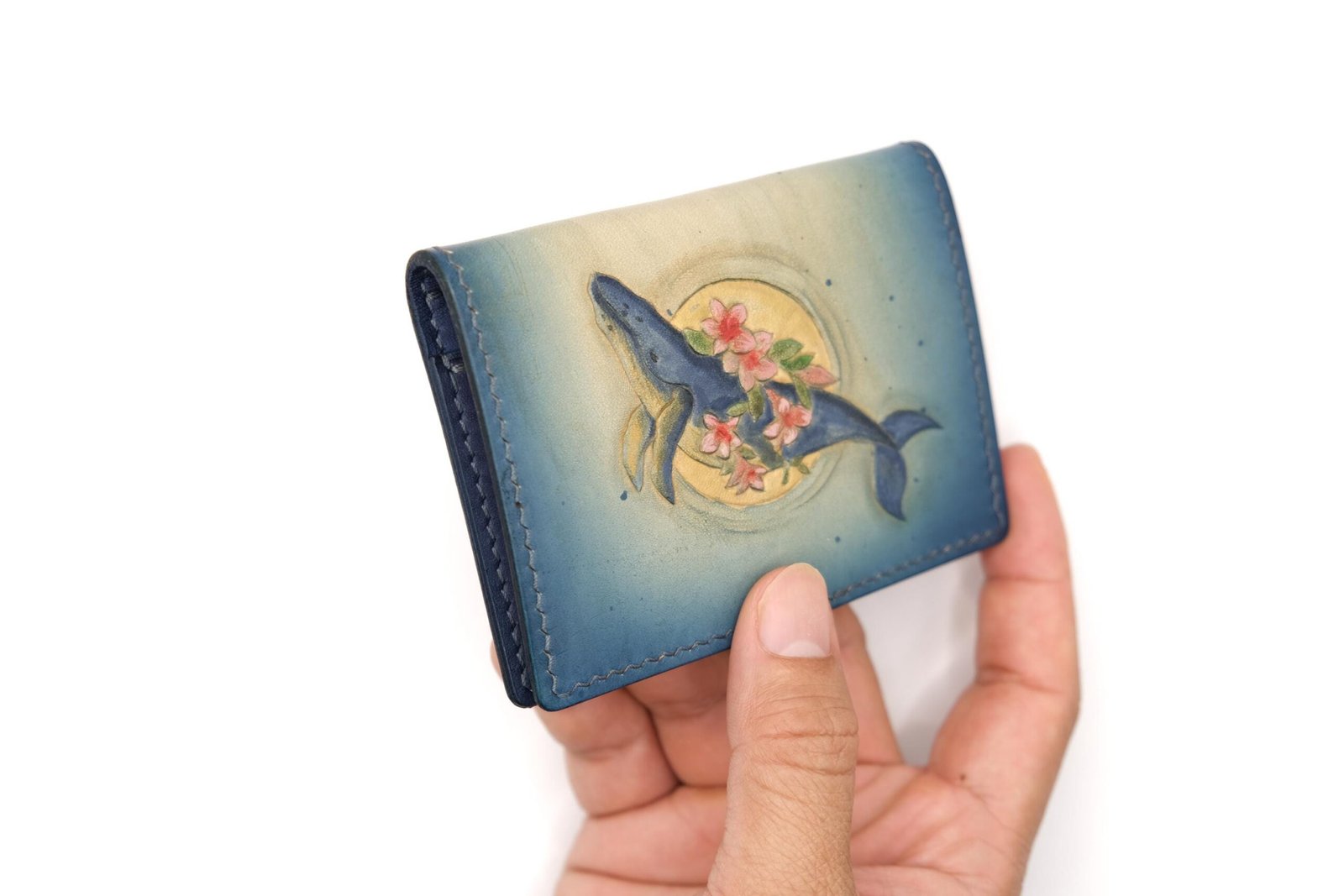 Mini Leather Wallet with Hand-Carved Whale and Roses – Floral Ocean Wallet, Whale Lover Gift - Image 6