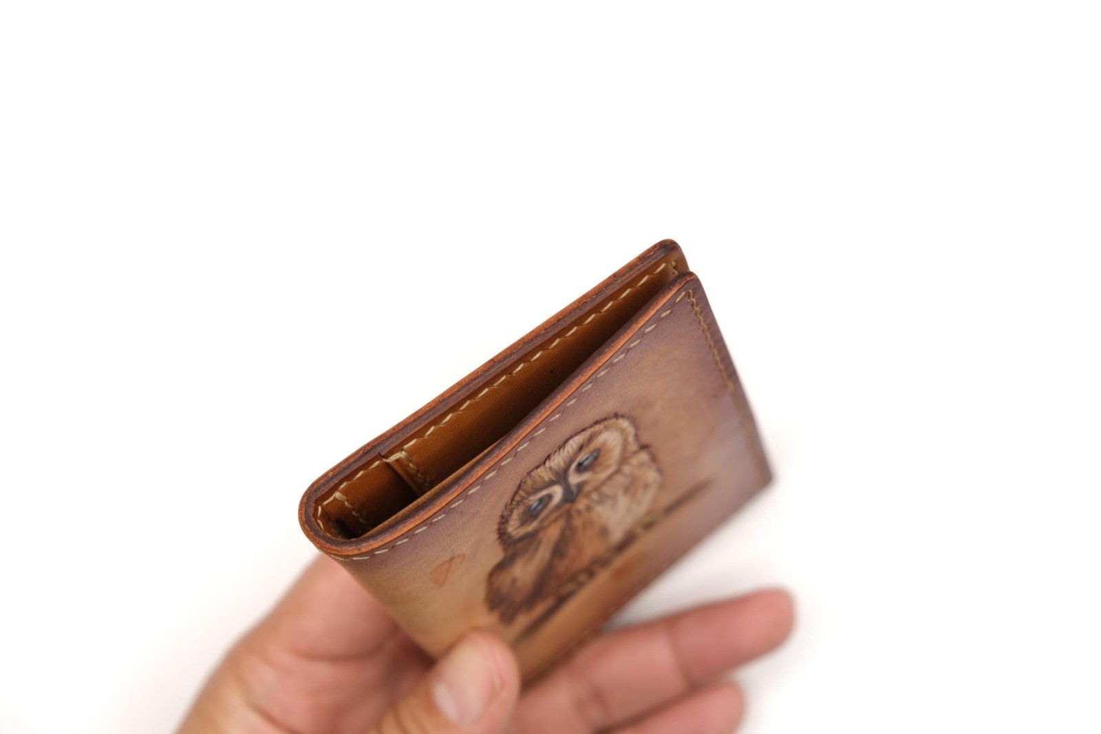 Mini Leather Wallet with Hand-Carved Owl – Woodland Animal Wallet, Nature-Inspired Gift - Image 6