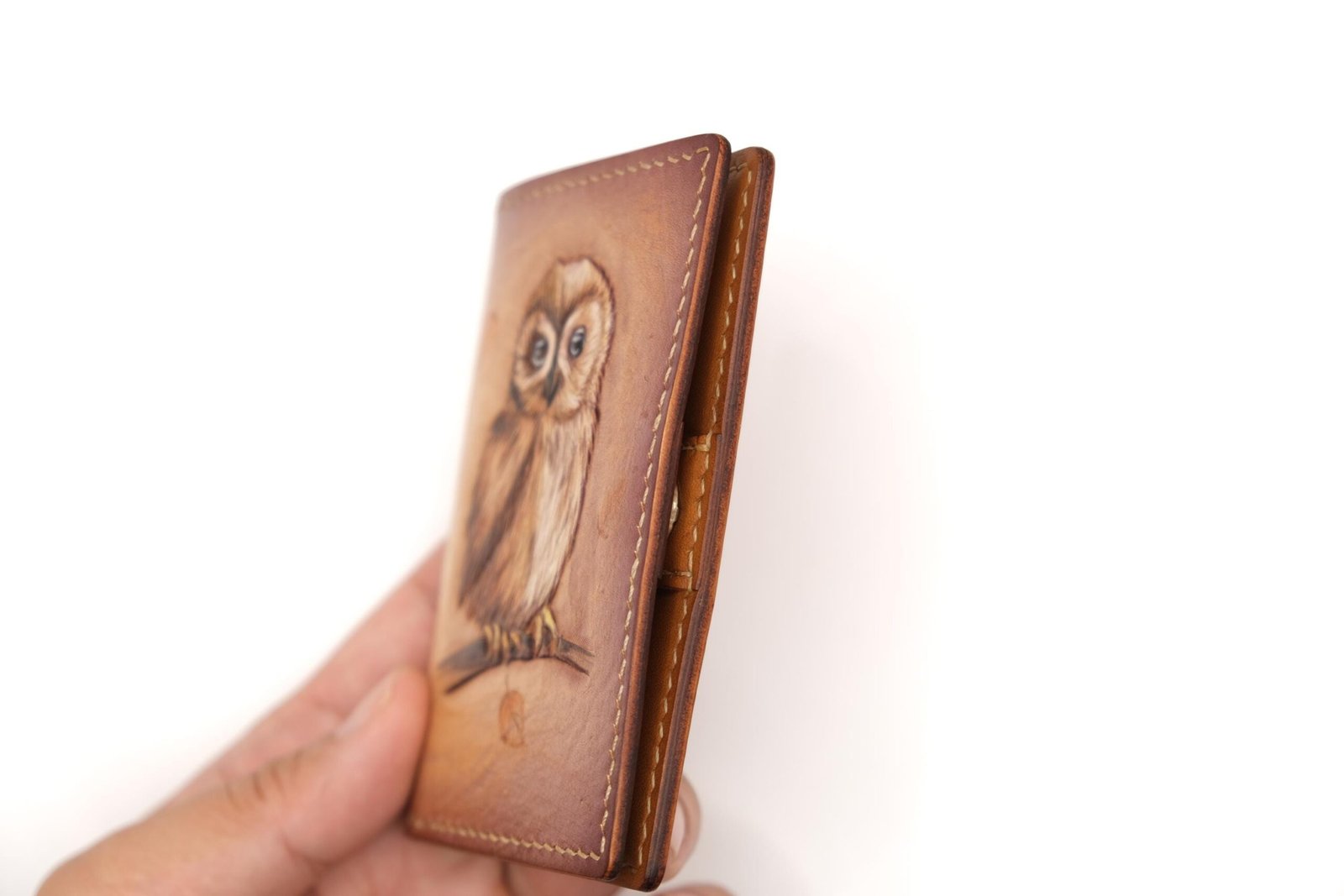 Mini Leather Wallet with Hand-Carved Owl – Woodland Animal Wallet, Nature-Inspired Gift - Image 5