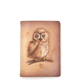 Mini Leather Wallet with Hand-Carved Owl – Woodland Animal Wallet, Nature-Inspired Gift