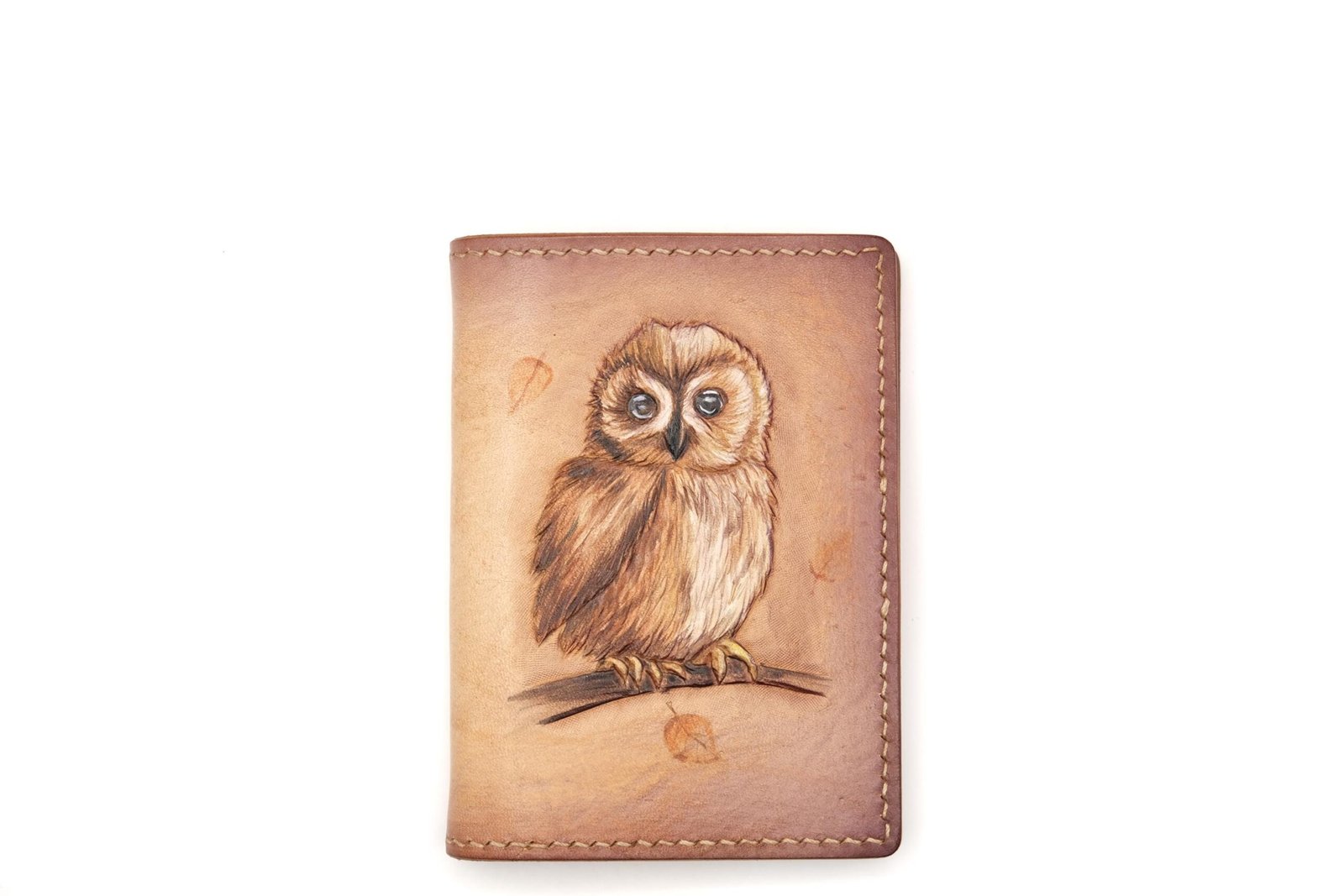 Mini Leather Wallet with Hand-Carved Owl – Woodland Animal Wallet, Nature-Inspired Gift