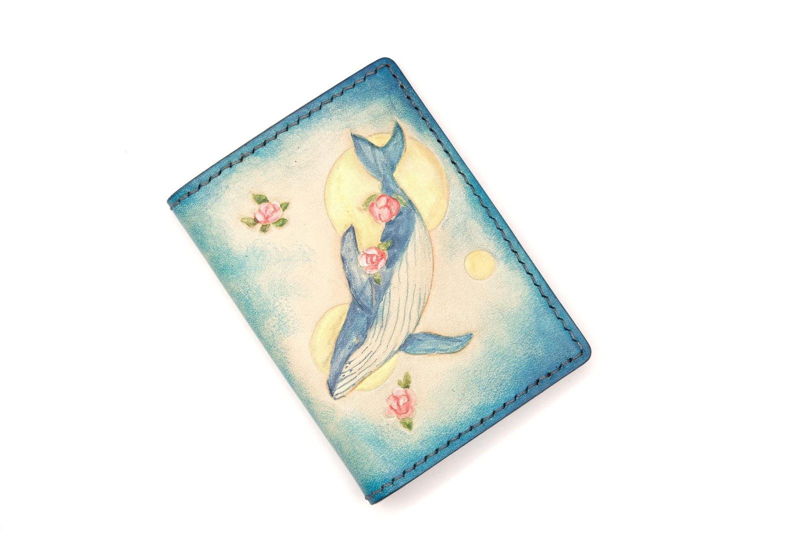 Mini Leather Wallet with Hand-Carved Whale & Roses – Ocean Floral Wallet, Blue Whale Gift - Image 3