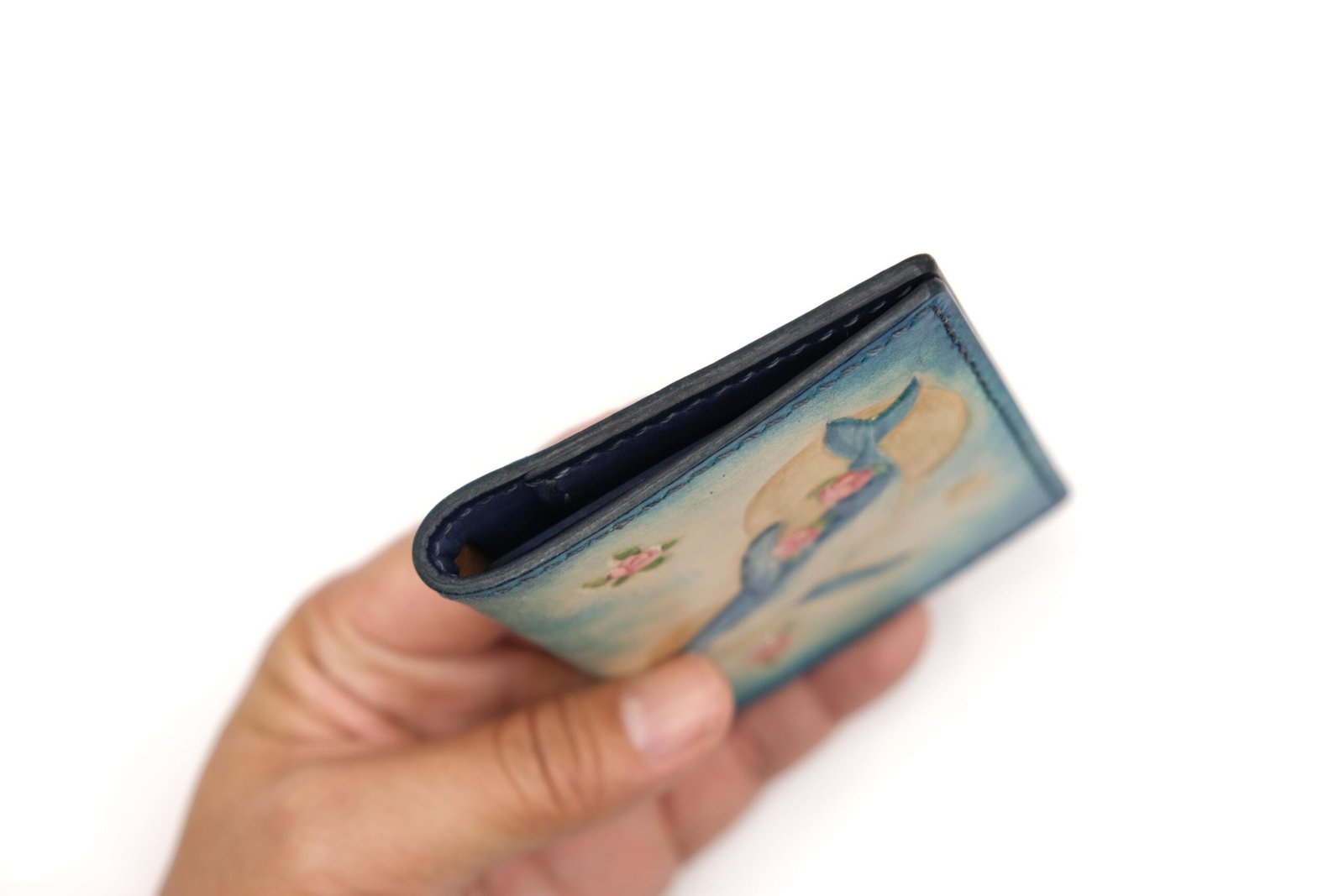 Mini Leather Wallet with Hand-Carved Whale & Roses – Ocean Floral Wallet, Blue Whale Gift - Image 8