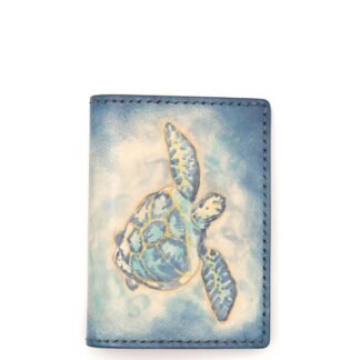 Mini Leather Wallet with Hand-Carved Blue Sea Turtle – Honu Wallet, Ocean Lover Gift, Marine Life Art