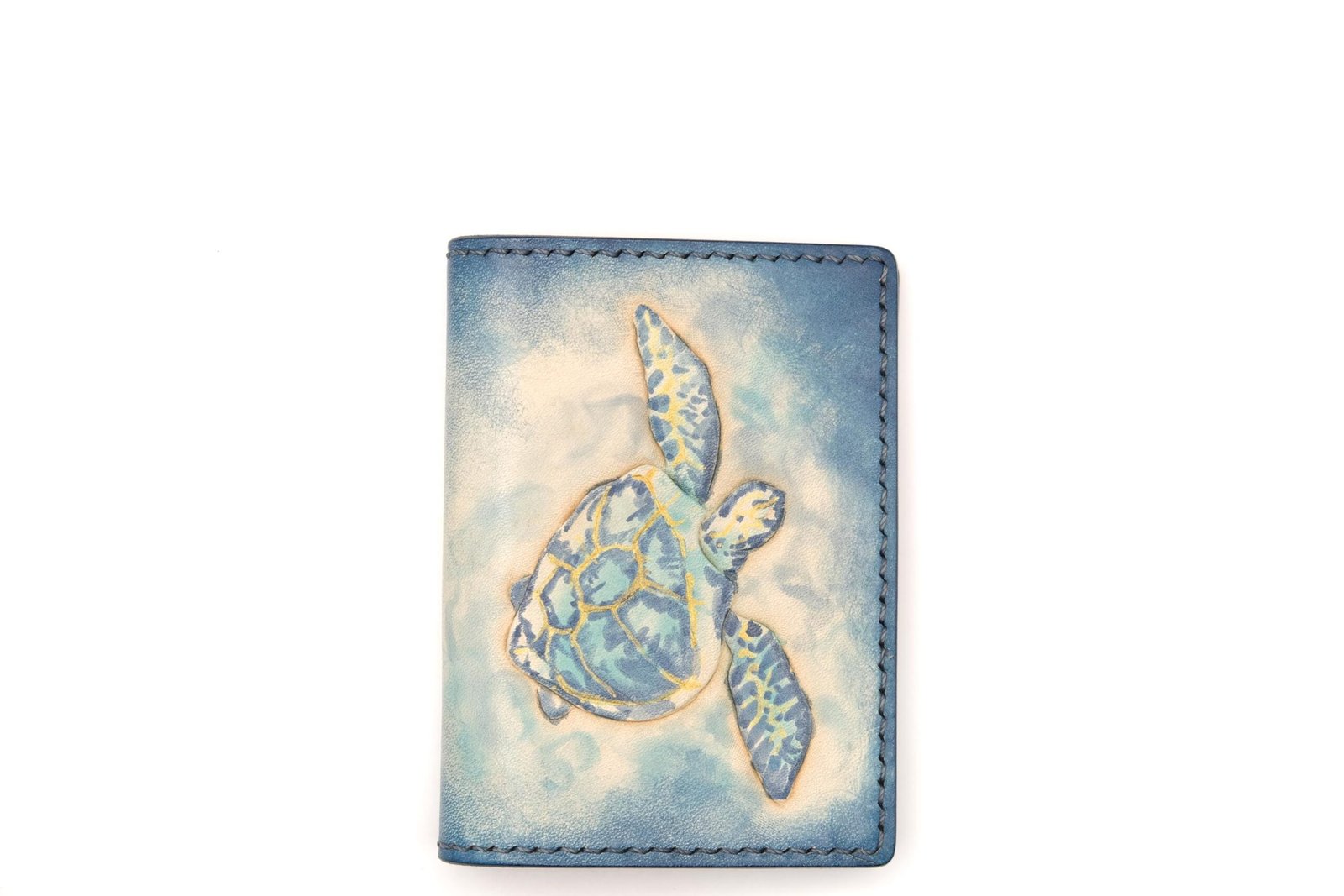 Mini Leather Wallet with Hand-Carved Blue Sea Turtle – Honu Wallet, Ocean Lover Gift, Marine Life Art